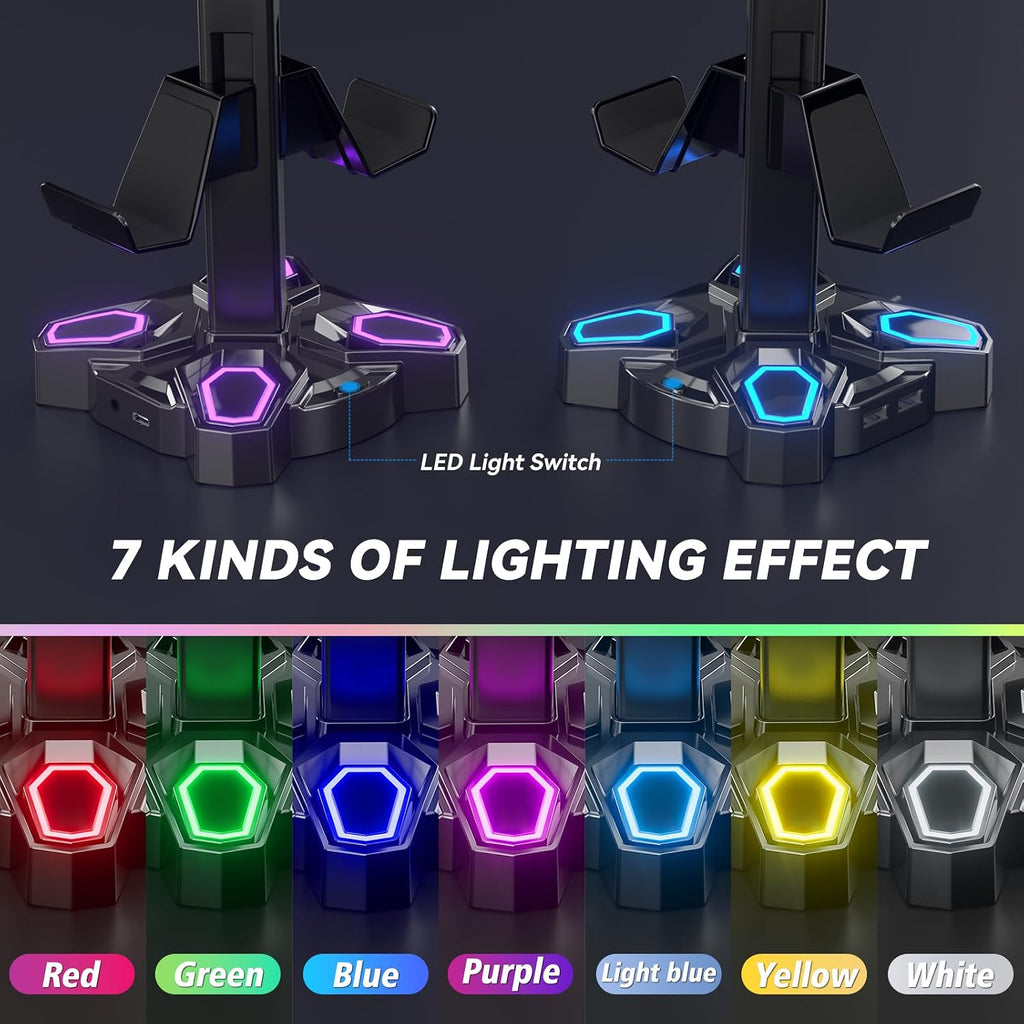 Gaming Headphones Stand, Rotatable Headset Stand with Light Modes - Controller Holder with 2 USB Charging Ports and