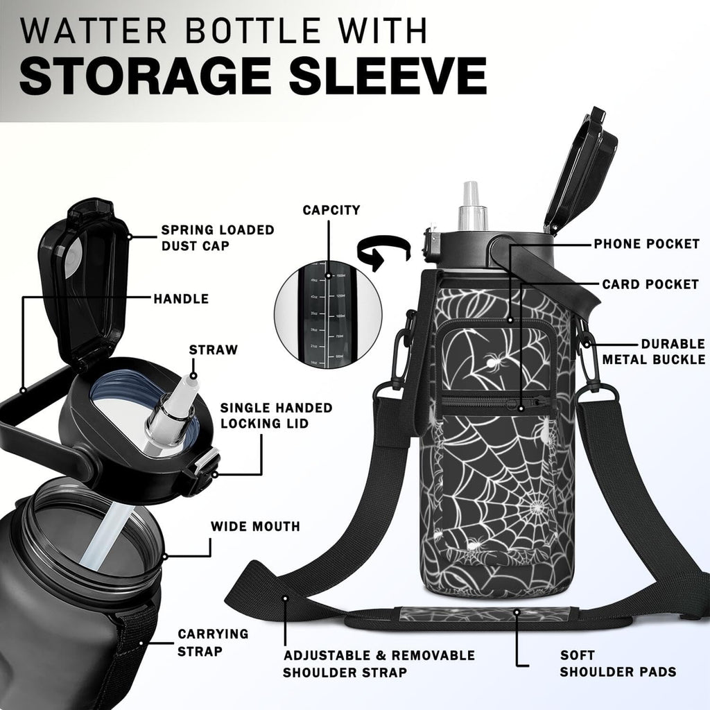 Halloween Spider Web Half Gallon Water Bottle with Sleeve, 64 OZ | Flip Top & Bpa Free Water Jug, Time Marker