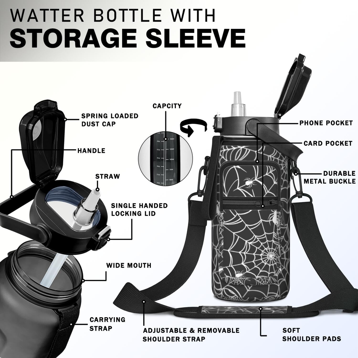 Halloween Spider Web Half Gallon Water Bottle with Sleeve, 64 OZ | Flip Top & Bpa Free Water Jug, Time Marker