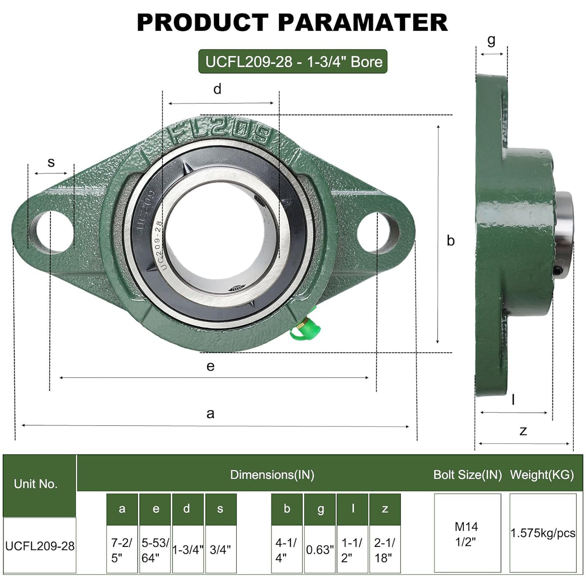 2 Pack UCFL209-28 Pillow Block Bearing – Flange 2 Bolt Mounted Pillow Block Bearings – Bearing Steel Bearings with 1-3/4" Bore - Self-aligning Bearings with Solid Cast Iron Base