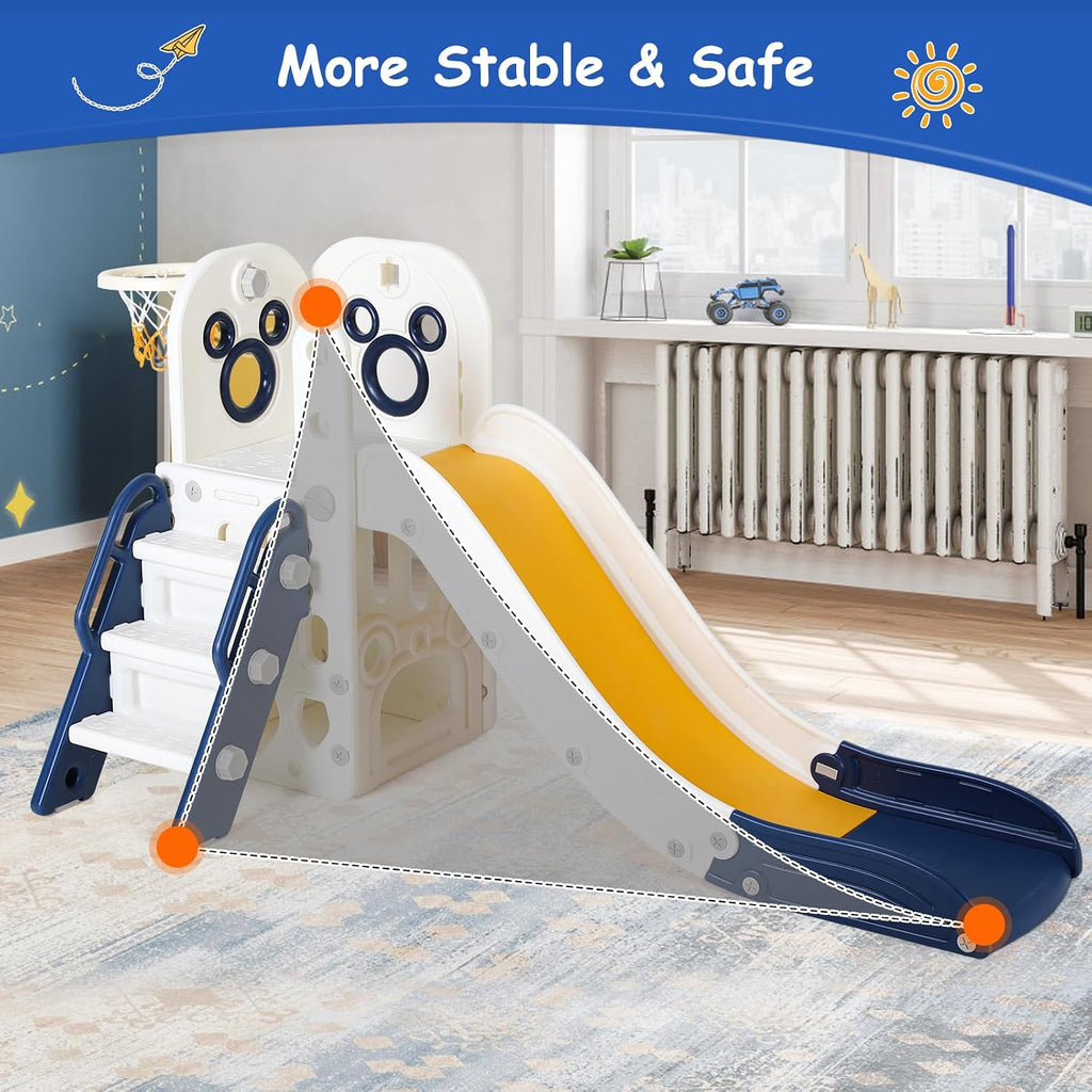 6 in 1 Toddler Slide, Extra-Long Slide for Kids Climber Playset, Indoor Outdoor Playground with Basketball Hoop &