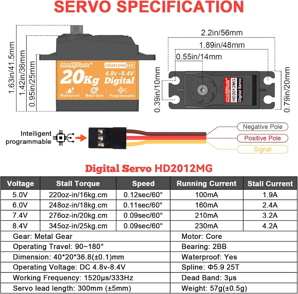 Waterproof Servo 20KG Servo Motor High Torque RC Servo Metal Gear Digital Servo with 25T Servo Horn for 1/10 1/12 RC