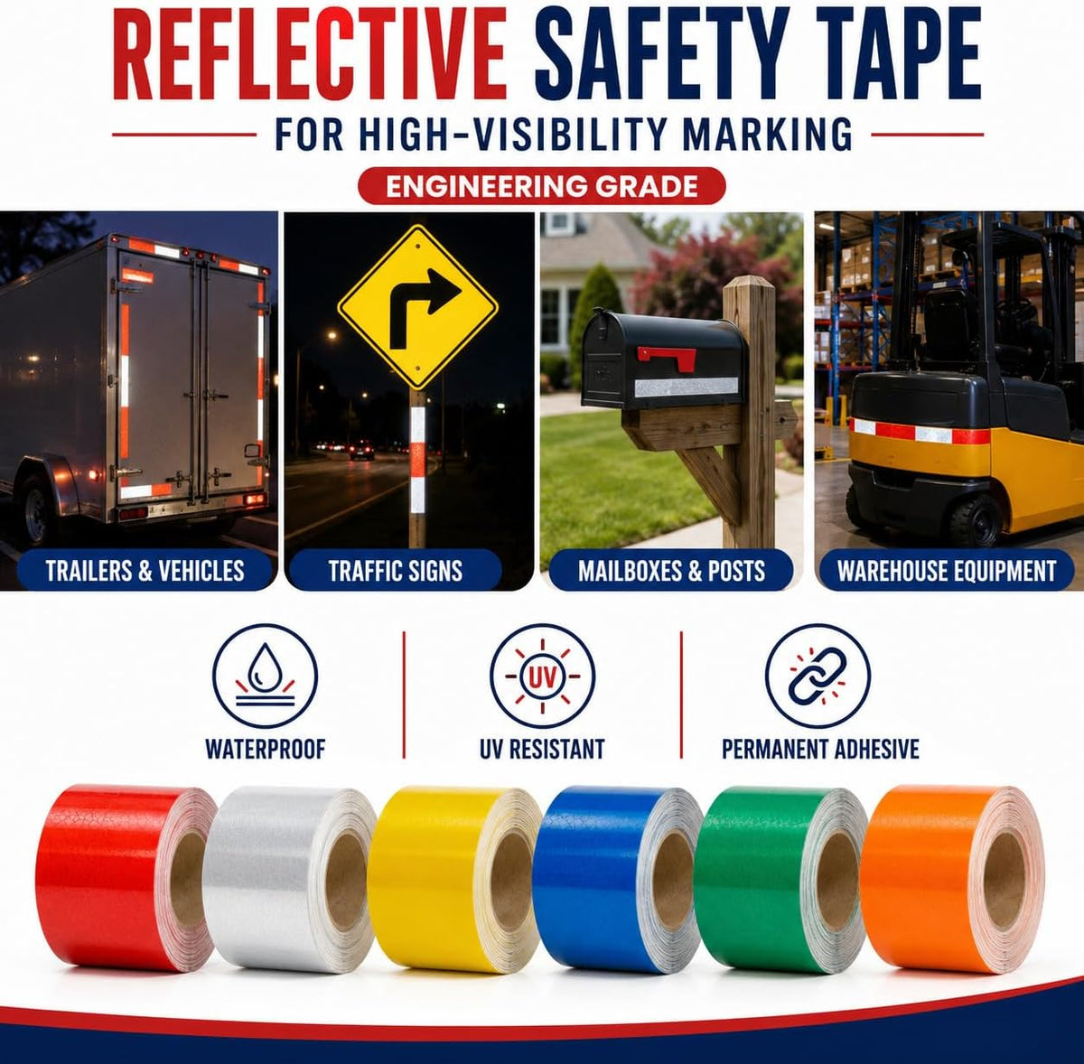 Engineering Grade Retro Reflective Tape, Silver/White, 1/2 Inch x 30 Ft., Waterproof Safety Tape with Permanent