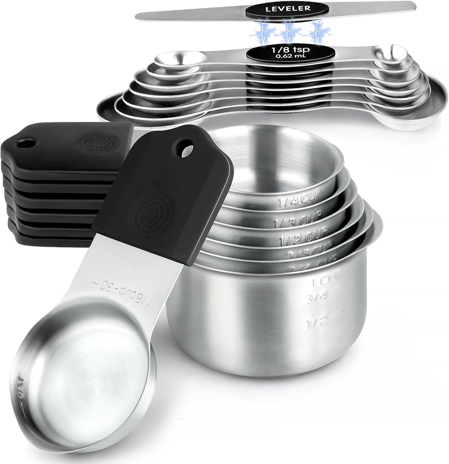 Magnetic Measuring Cups and Spoons Set, Strong N52 Magnets, Heavy Duty 304 Stainless Steel Fits in Spice Jars for