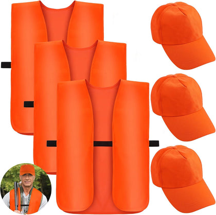 6 Pack Vest and Cap Combo Include 3 Orange Hunting Vest and 3 Blaze Orange Hat for Men Women, Blaze Orange