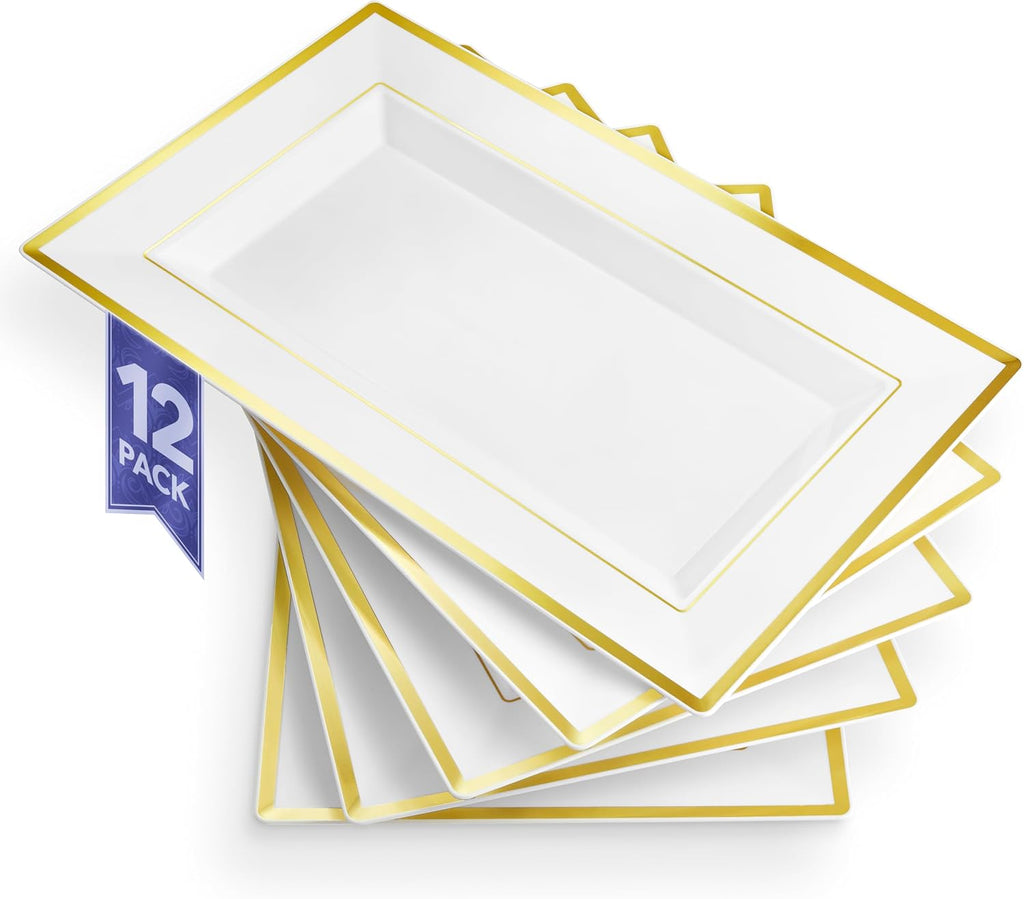 (12 Pcs) Premium White and Gold Plastic Serving Tray, Plastic Serving Platter Disposable, White Rectangle Party Trays