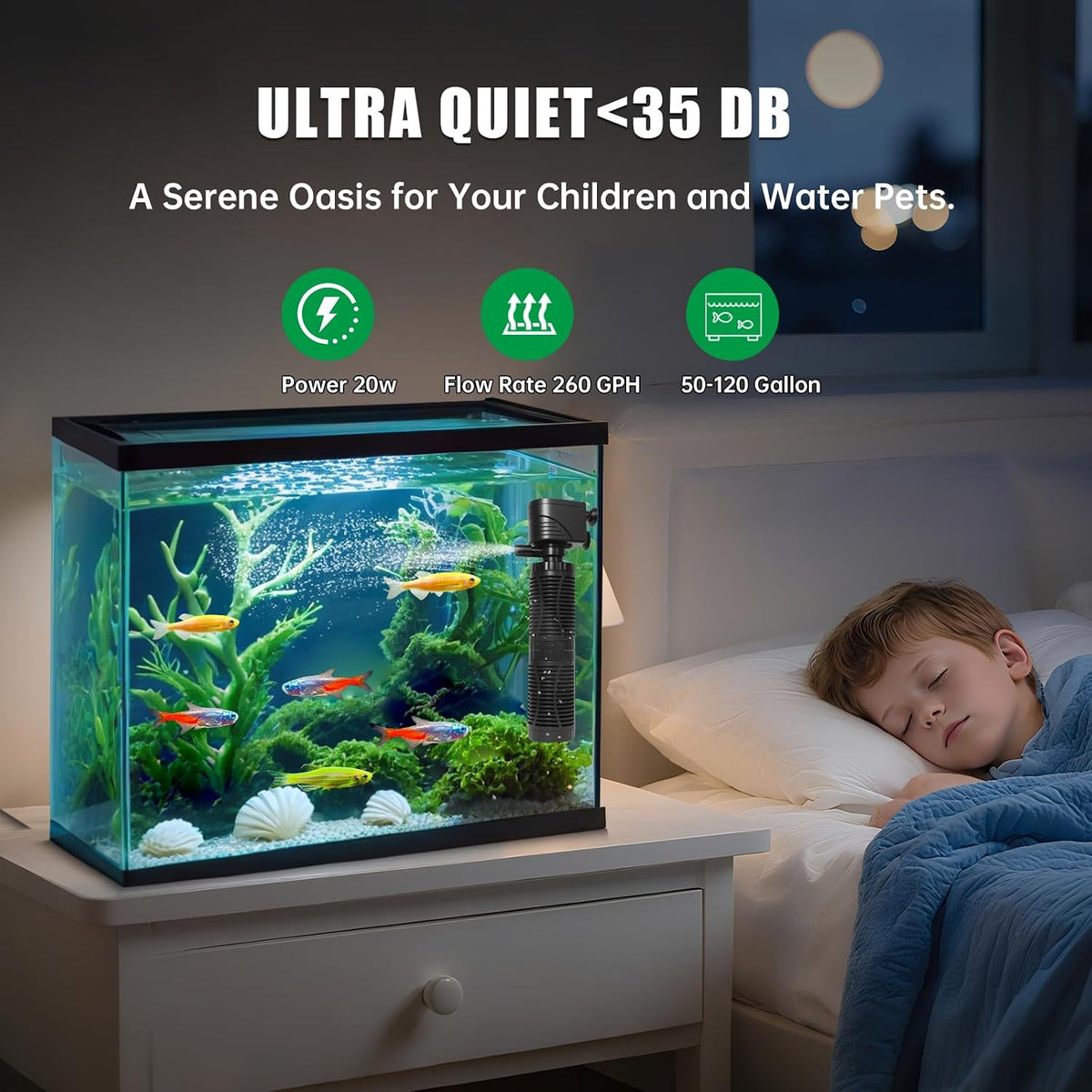 20W Submersible Aquarium Filter for 50–120 Gallon Fish Tanks, Quiet Operation Internal Pump, Energy Efficient, Easy