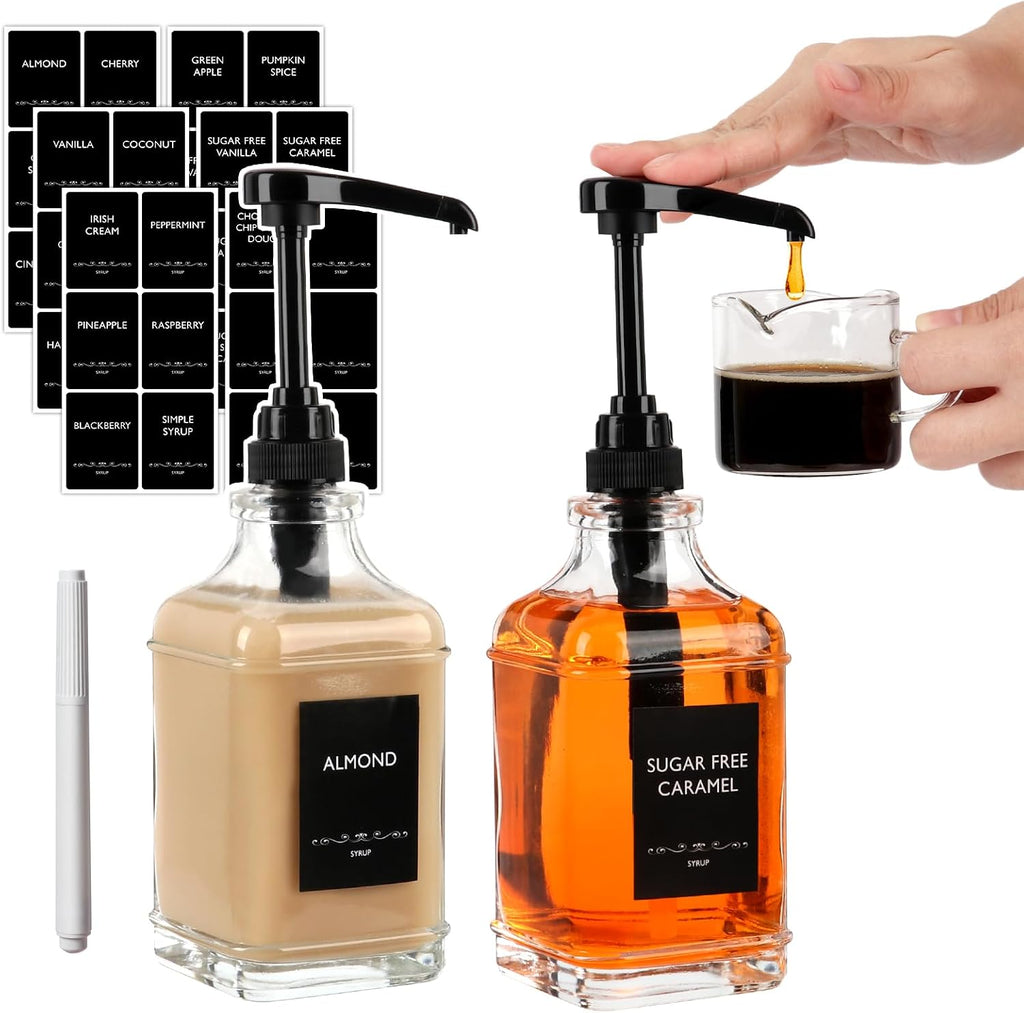 16 oz 2 Pack Glass Coffee Syrup Dispenser with 1/4oz Black Pump