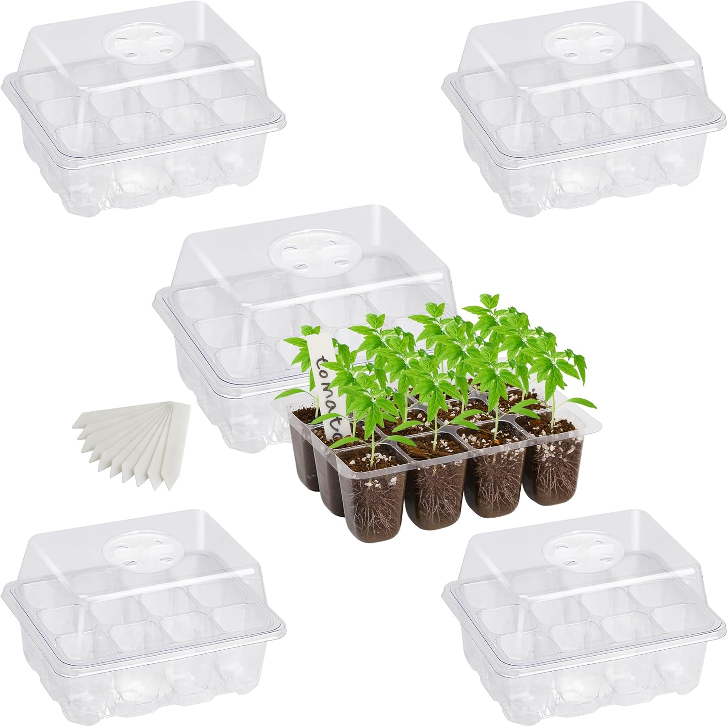 5-Pack Seed Starter Trays, Humidity Dome, Base, 12-Cell Tray, Clear | Adjustable Vents Control Humidity &