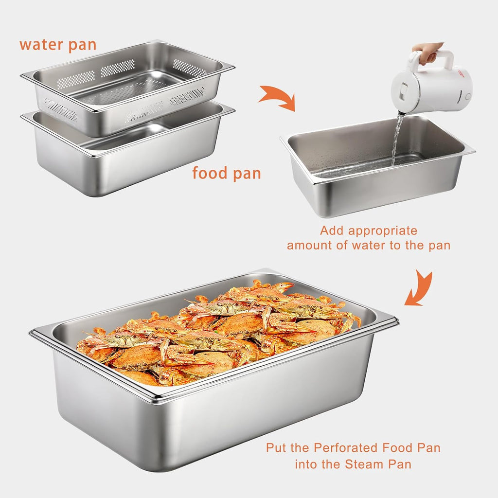 2 Pack Perforated Hotel Pans Set, Full Size, 4 Inches, 6 Inches