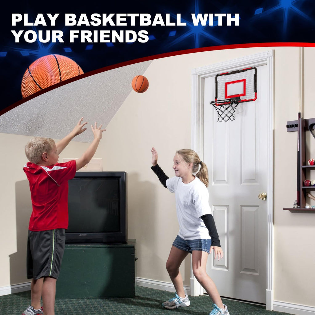 Over-the-Door Basketball Hoop with 4 Balls, Ages 3-12 | 15.75 x 11.42 in backboard, bedroom or office play, pump