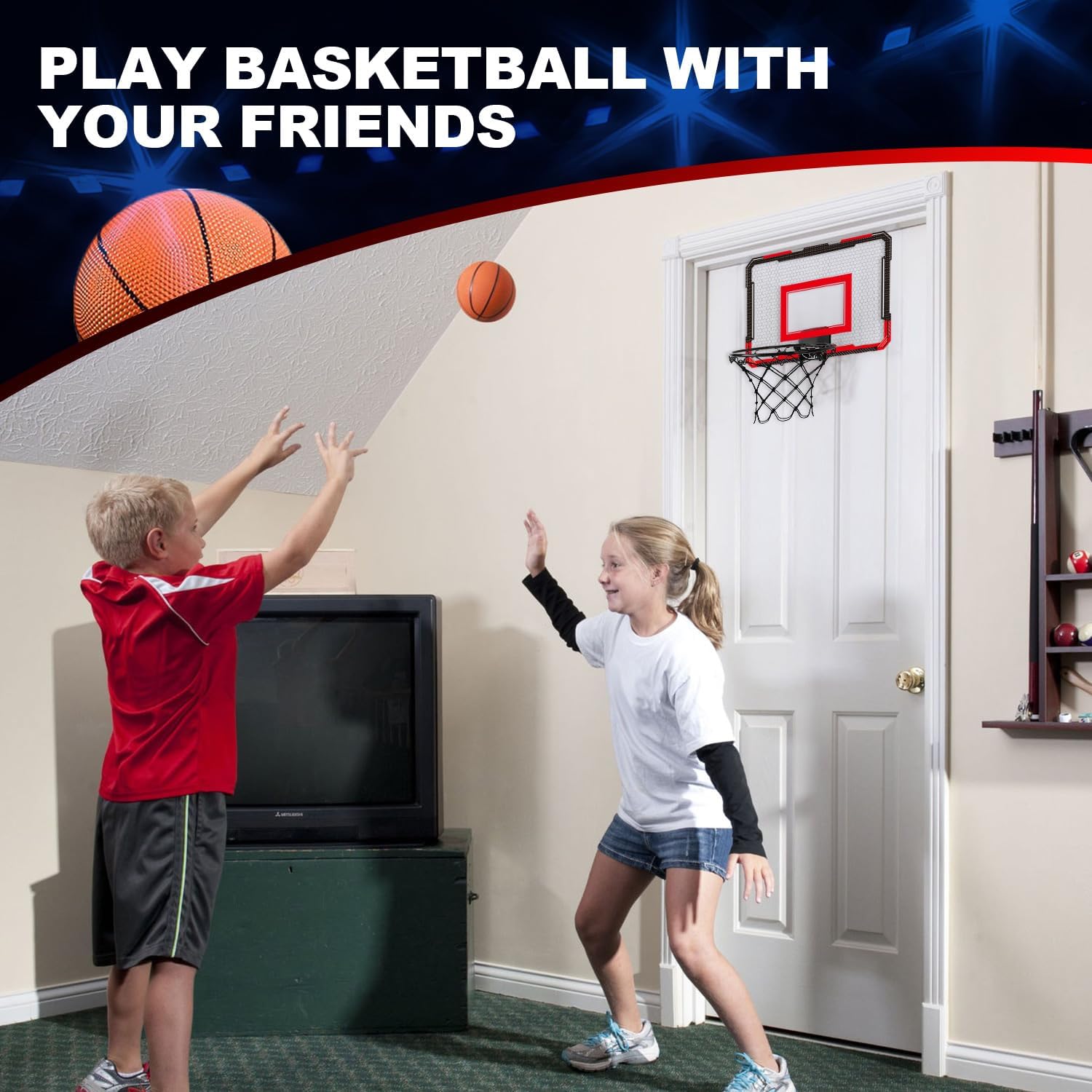 Over-the-Door Basketball Hoop with 4 Balls, Ages 3-12 | 15.75 x 11.42 in backboard, bedroom or office play, pump