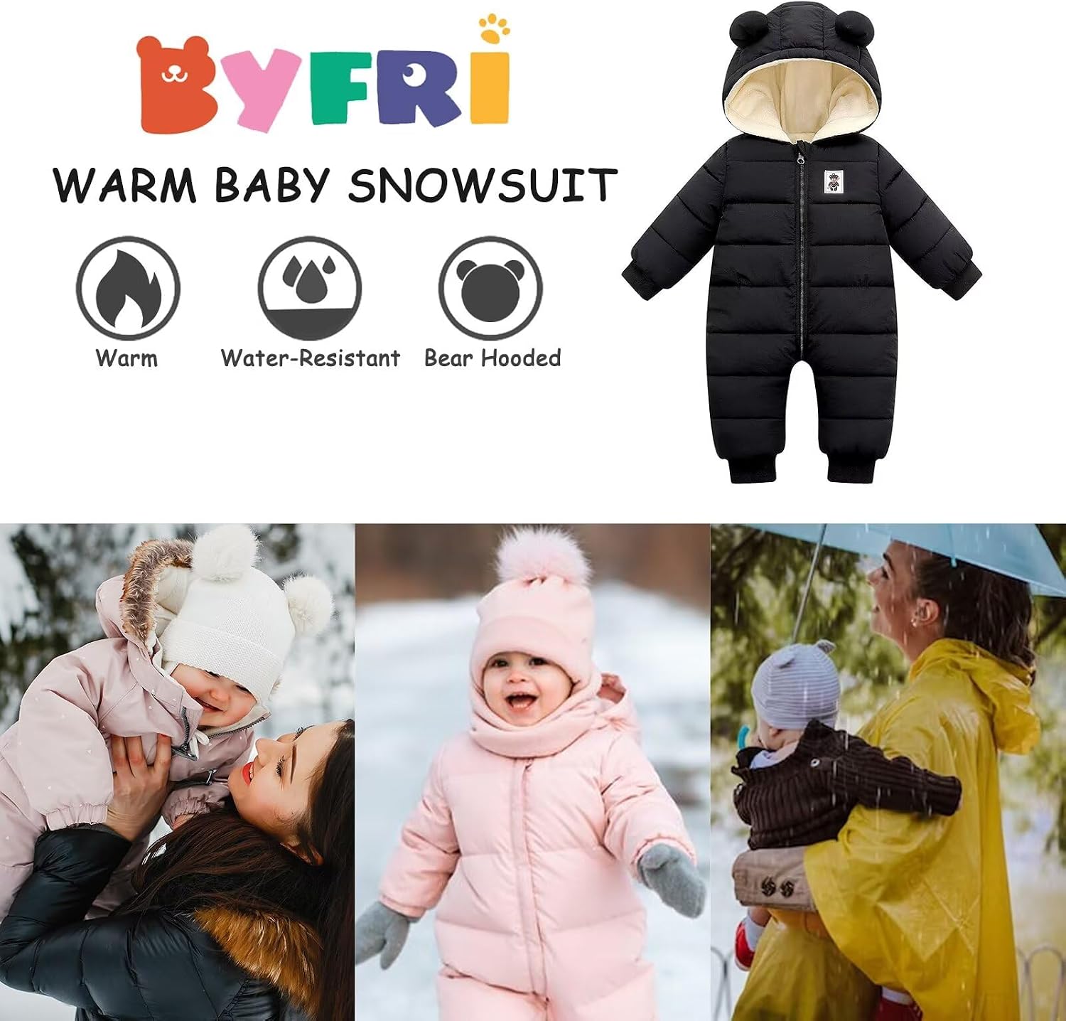 Baby Boys Girls Snowsuit Newborn Cozy Winter Coat Infant Bear Hooded Jumpsuit Toddler Snow Outfit for 0-24 Months