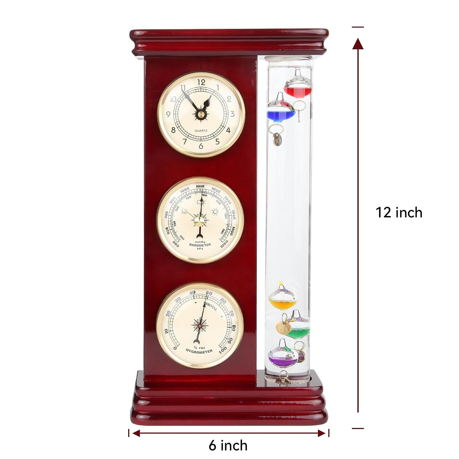 Analog Weather Station with Galileo Thermometer, Precision Quartz Clock (Gold), Barometer & Hygrometer, Gift for