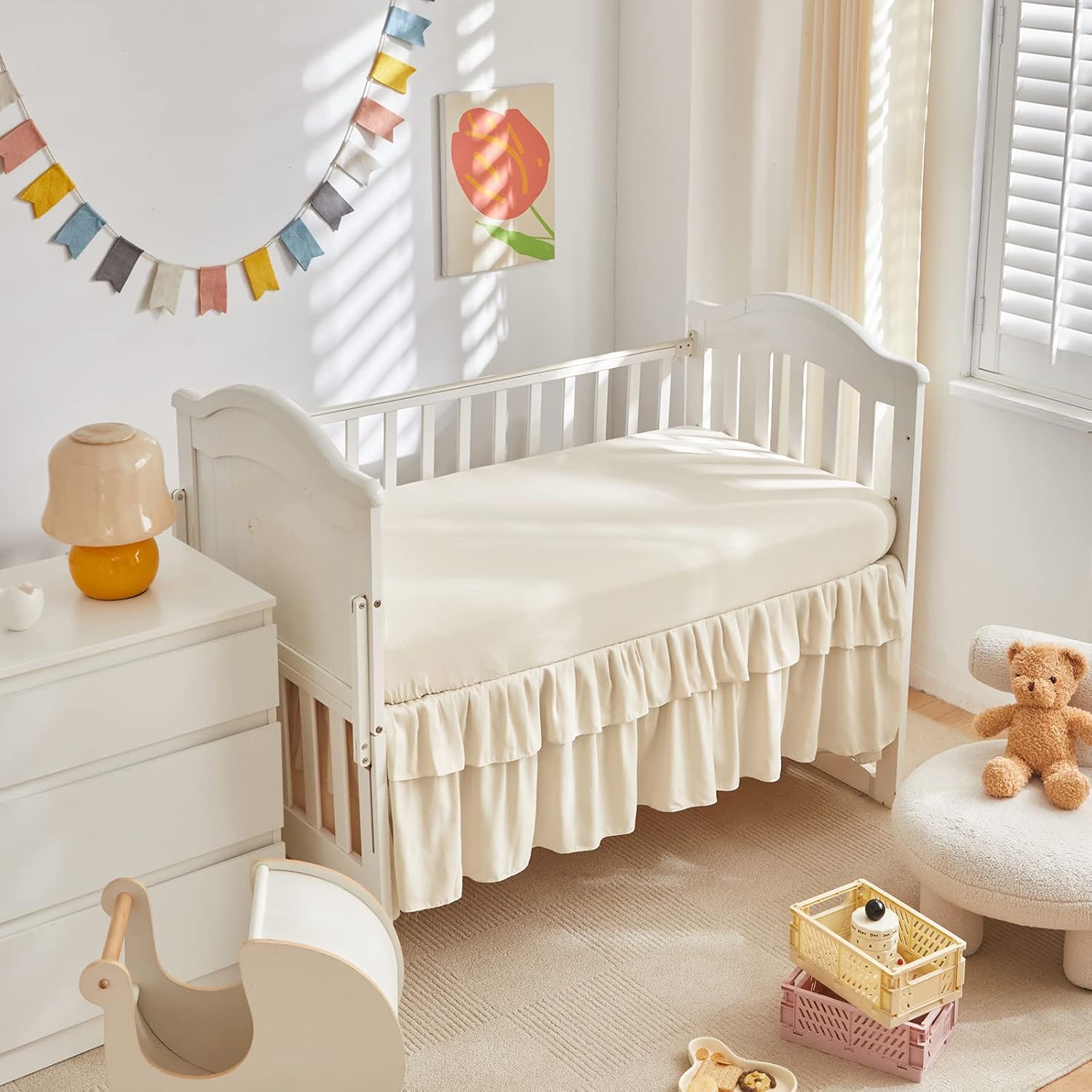 Tufted Ruffle Crib Bedding Set 3 Pieces Baby Boho Quilted Comforter with Fitted Sheet and Bed Skirt - Cute Ruffled