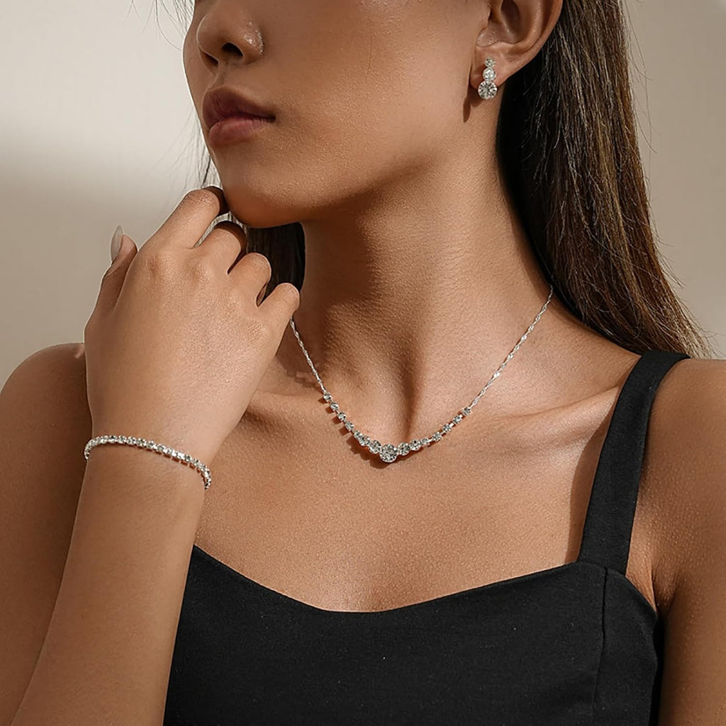 Crystal Wedding Jewelry Set, Silver Necklace Earrings Bracelet Crystal Bridal Wedding Jewelry Sets for Brides