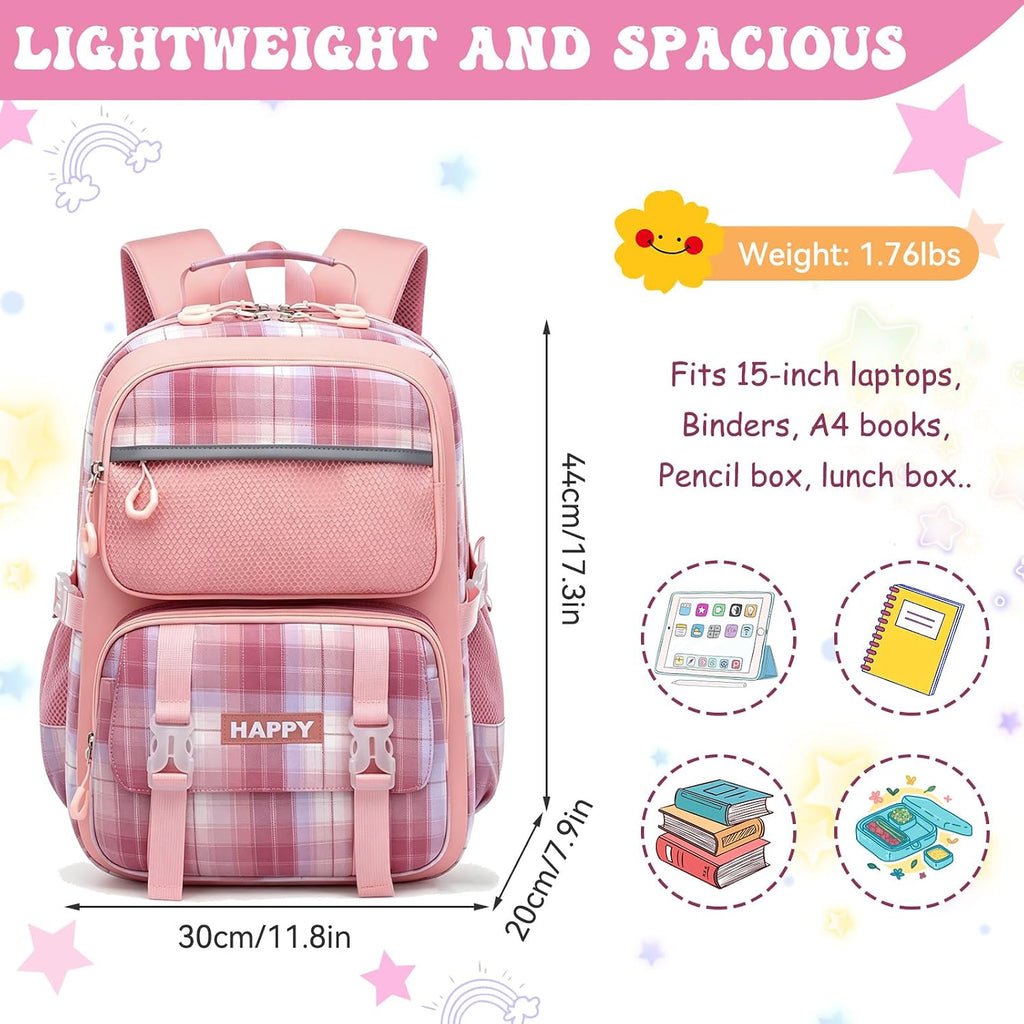 Backpack for Girls,Cute Plaid Backpack,Preppy Bookbag for Elementary & Middle School Students,Large Capacity School