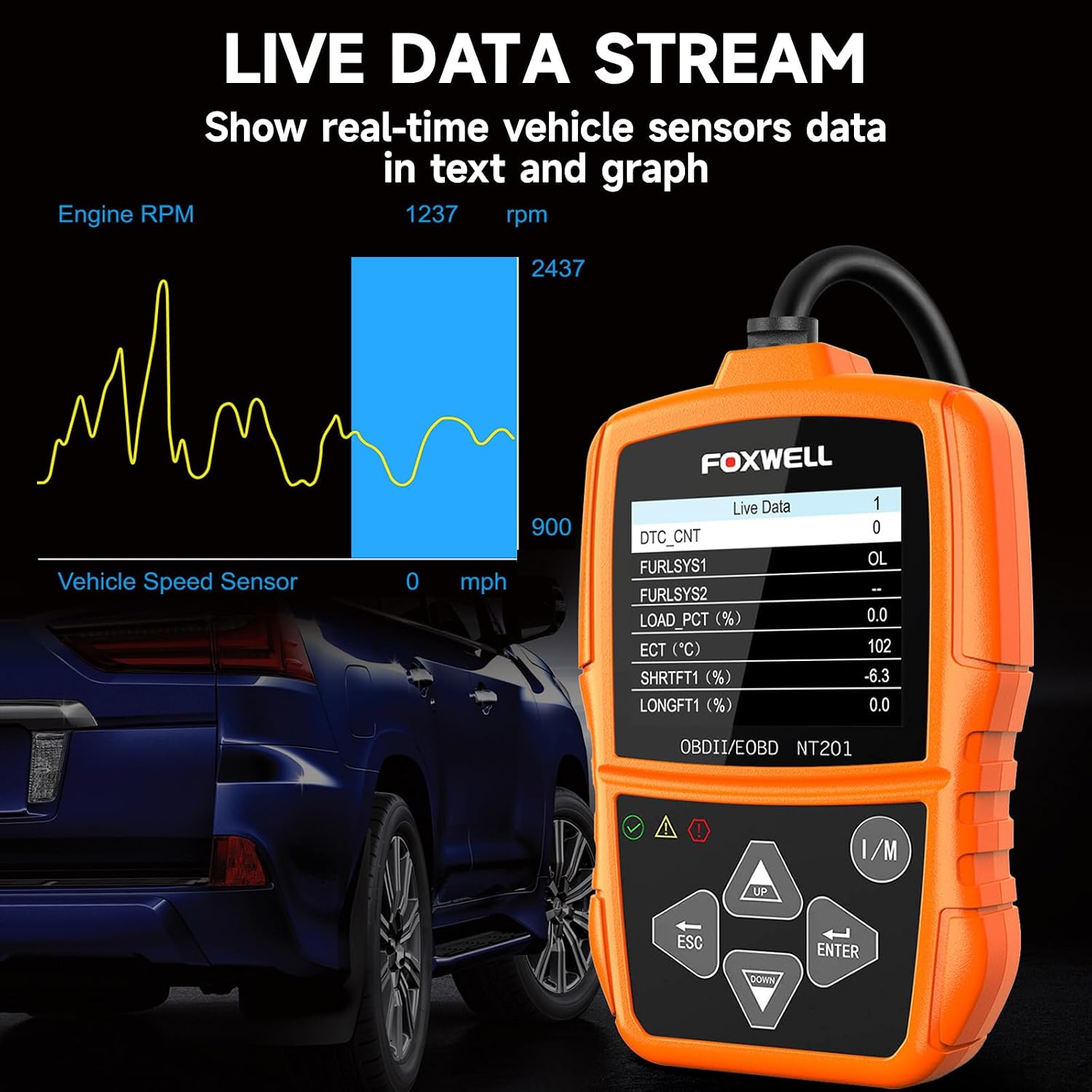 NT201 OBD2 Scanner Code Reader for Cars and Trucks - Reset Check Engine Light, Read and Clear Fault Codes, Live Data