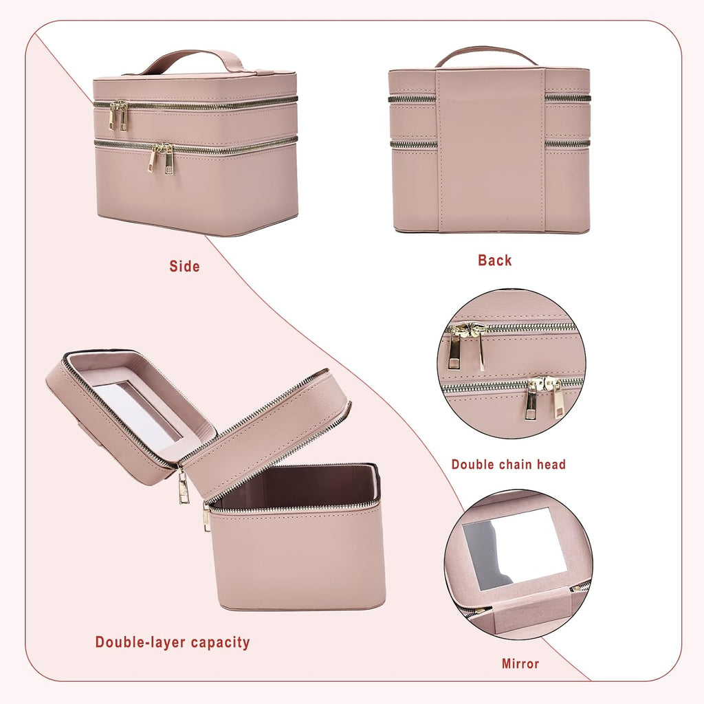 Hard Makeup Case Travel Double Layer with Mirror PU Leather for Women | Organized Storage Boxes, Sturdy & Protective