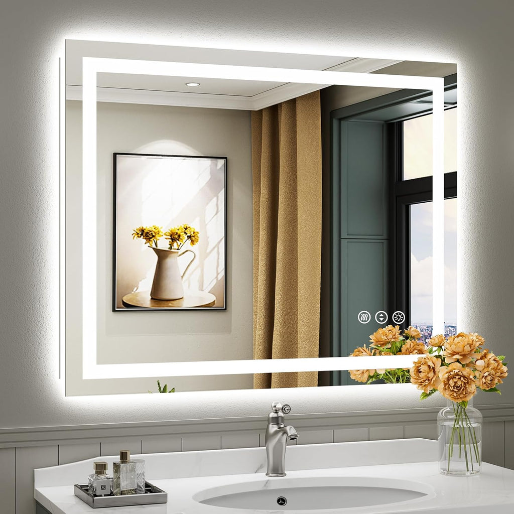 40x32 Inch LED Bathroom Mirror with Lights, Backlit & Front Lit | Anti-fog, 3 Color Dimmable, Memory Function, HD