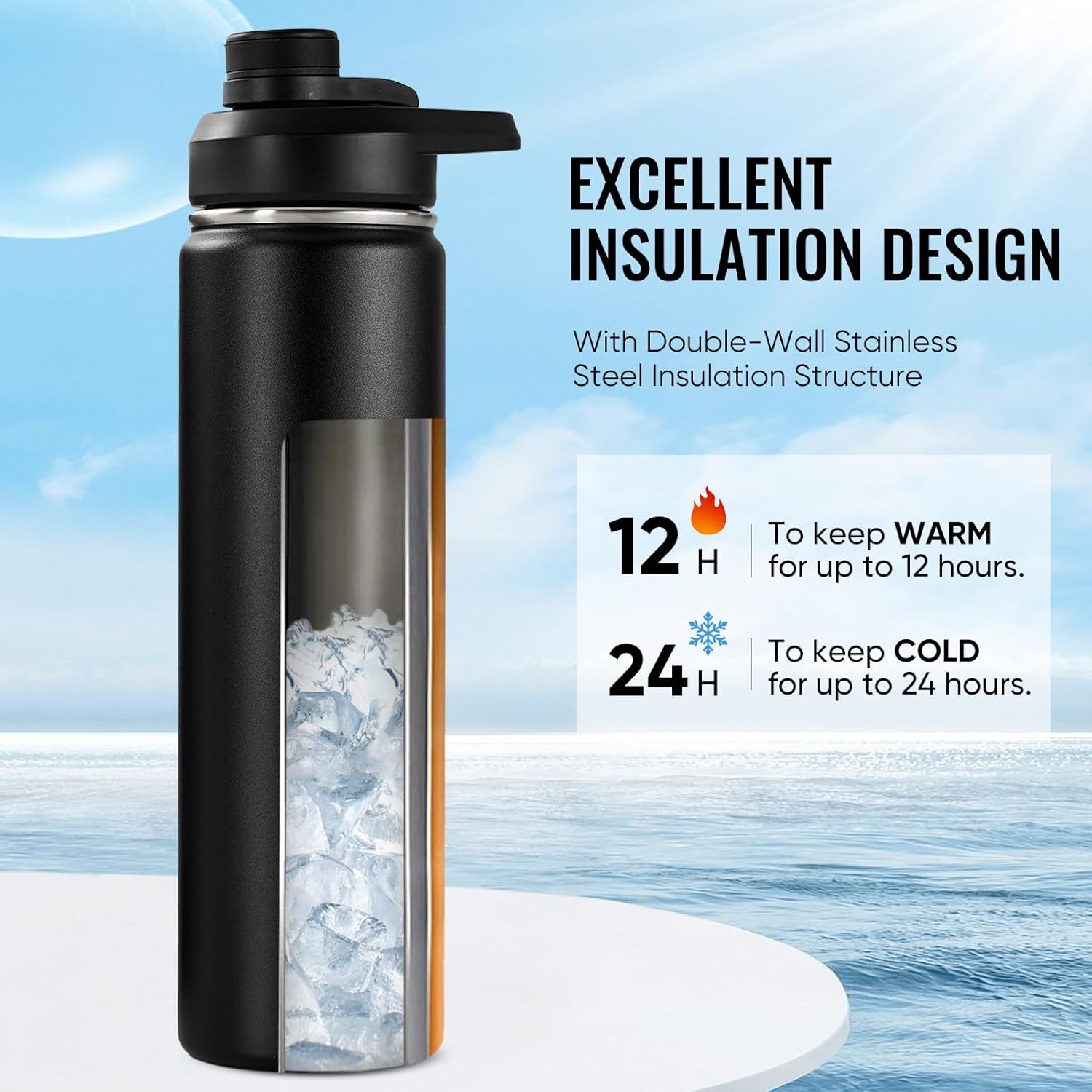 Insulated Water Bottle with Handle, 304 Stainless Steel Water Bottles with Wide Mouth, Double Wall Vacuum Sports
