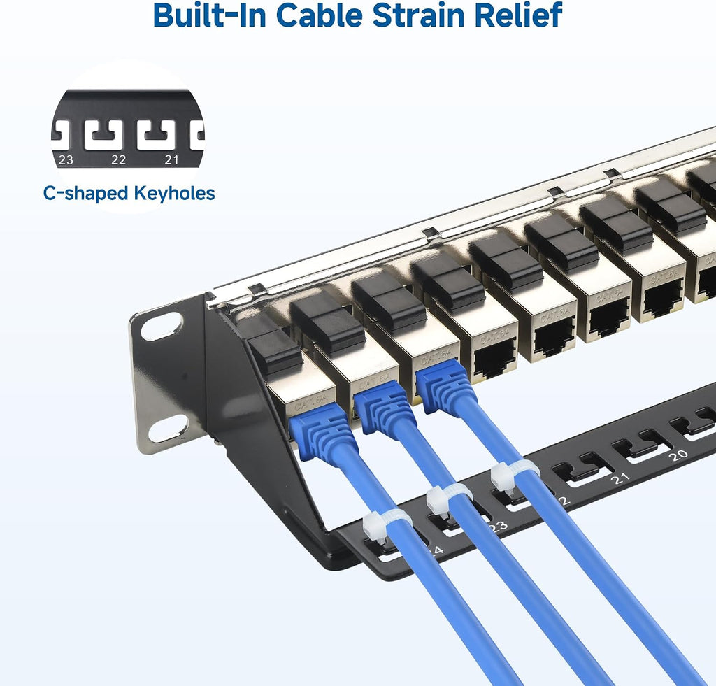 10Gbps 1U 24-Port Cat6A Ethernet Patch Panel | 19-Inch, Inline Keystone, Cable Management Bar, Rackmount or Wall