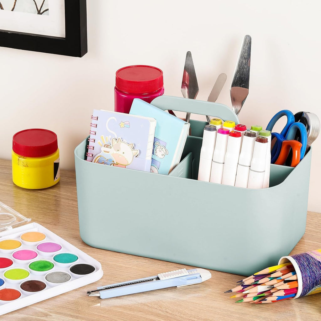 Multiuse Caddy Organizer with Handle, Portable Divided Plastic Tote Bin - Art Craft, Stationary Pen Marker Crayons
