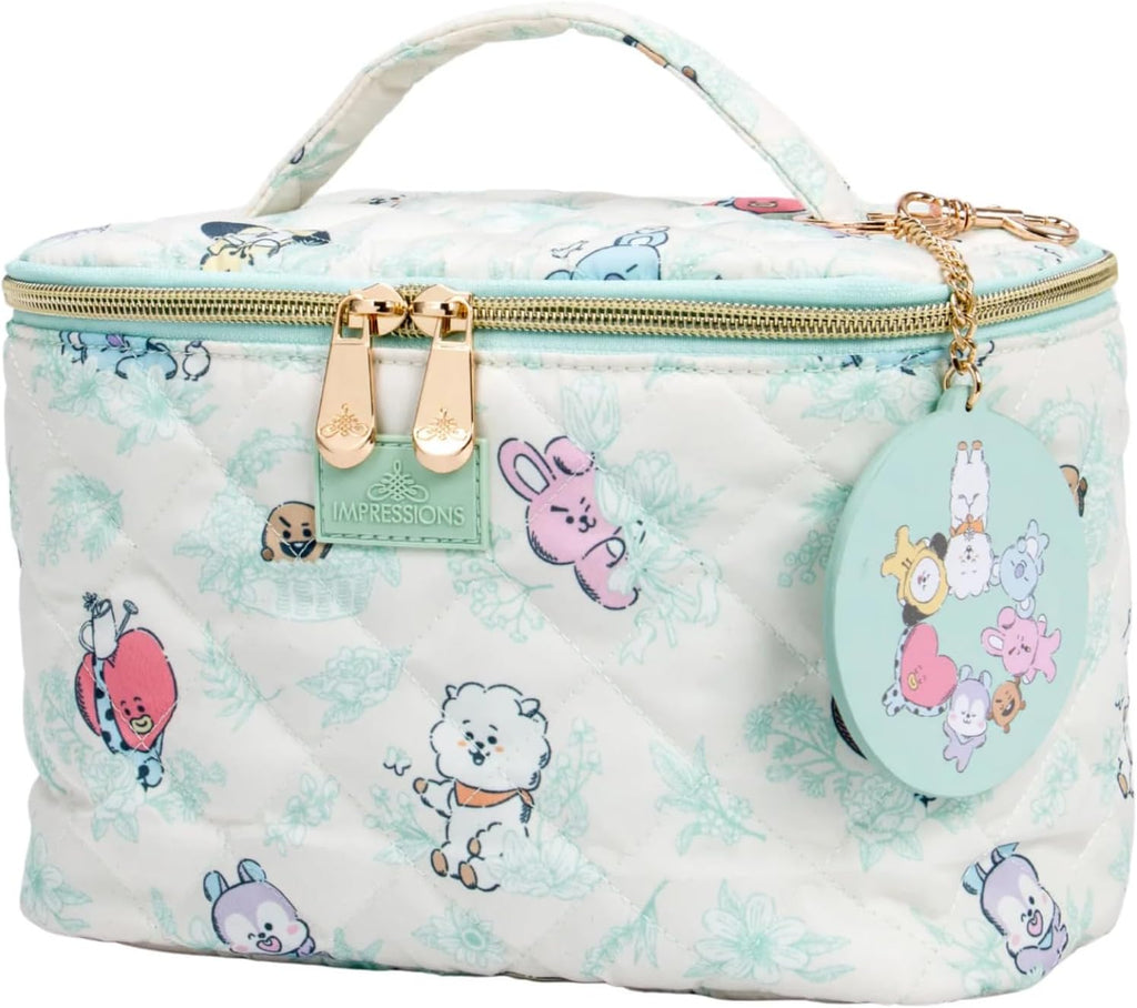 Impressions Vanity BT21 Quilted Train Case with Removable Mirror Keychain, Slip Pocket Makeup Bag Organizer with Top