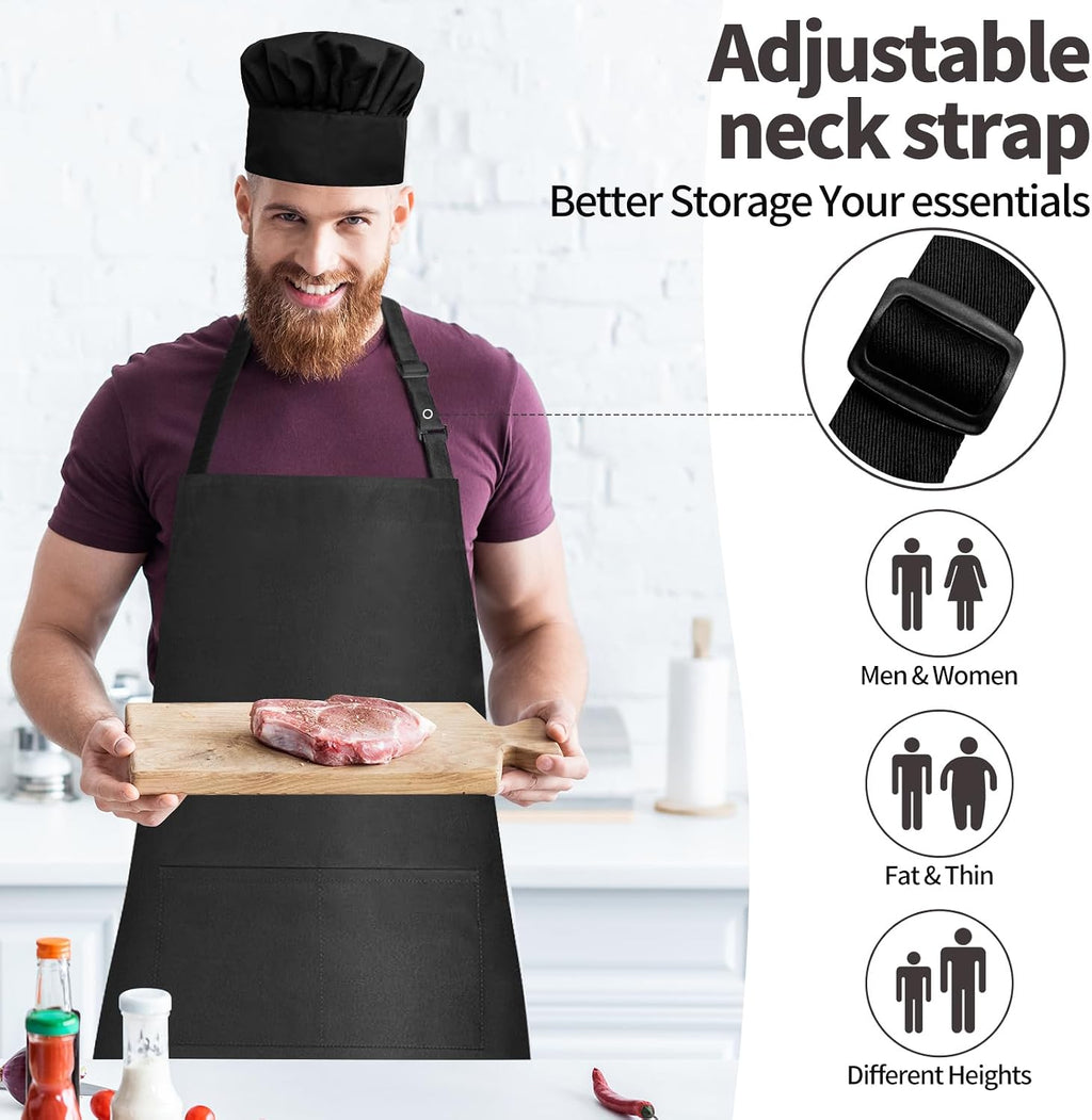 Chef Apron and Hat Set, Chef Hat and Kitchen Apron with Front Pockets for Adult