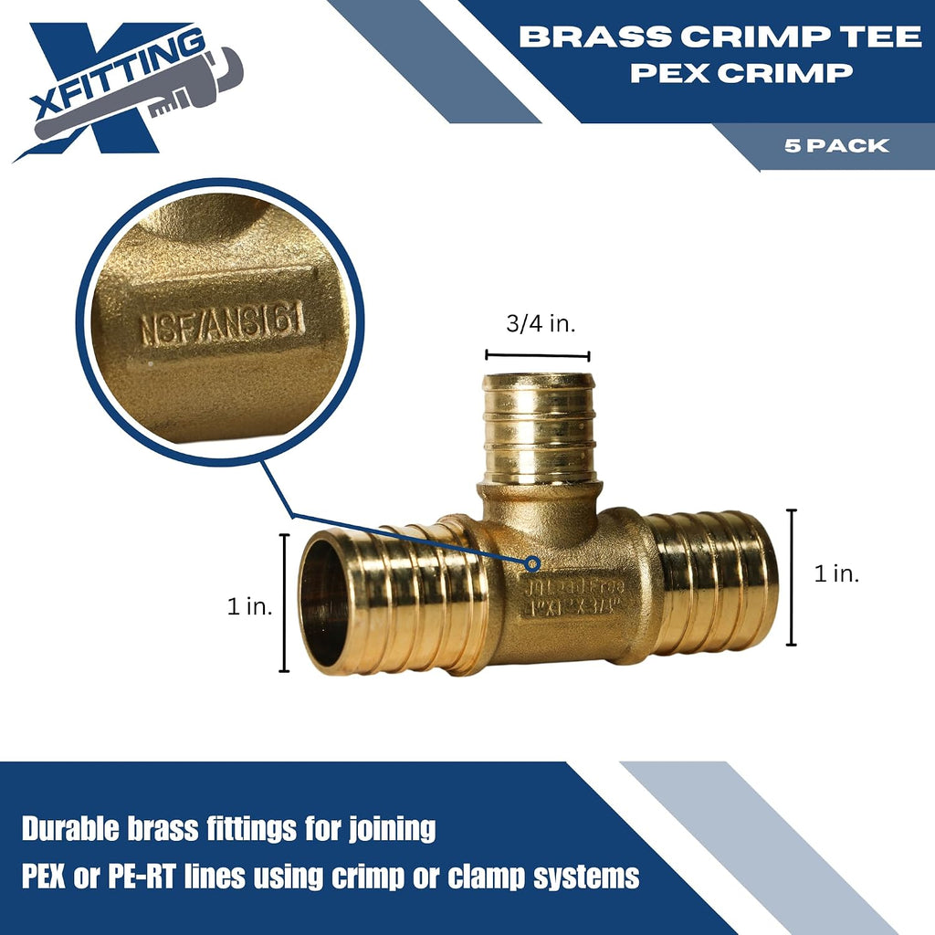5 Pack XFITTING 1 in x 1 in x 3/4 in Pex Reducing Tee, Pex B Crimp Tee