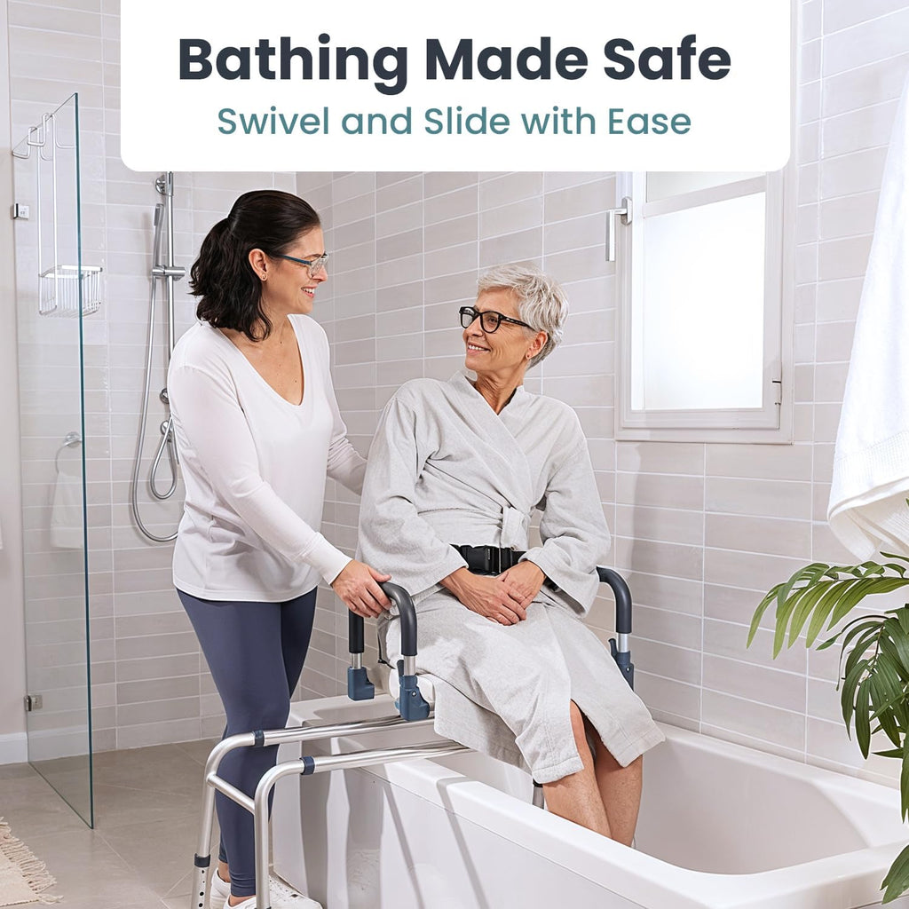 Sliding Shower Chair Tub Transfer Bench with Swivel Seat, Shower Bench for Elderly and Disabled, with Security Belt