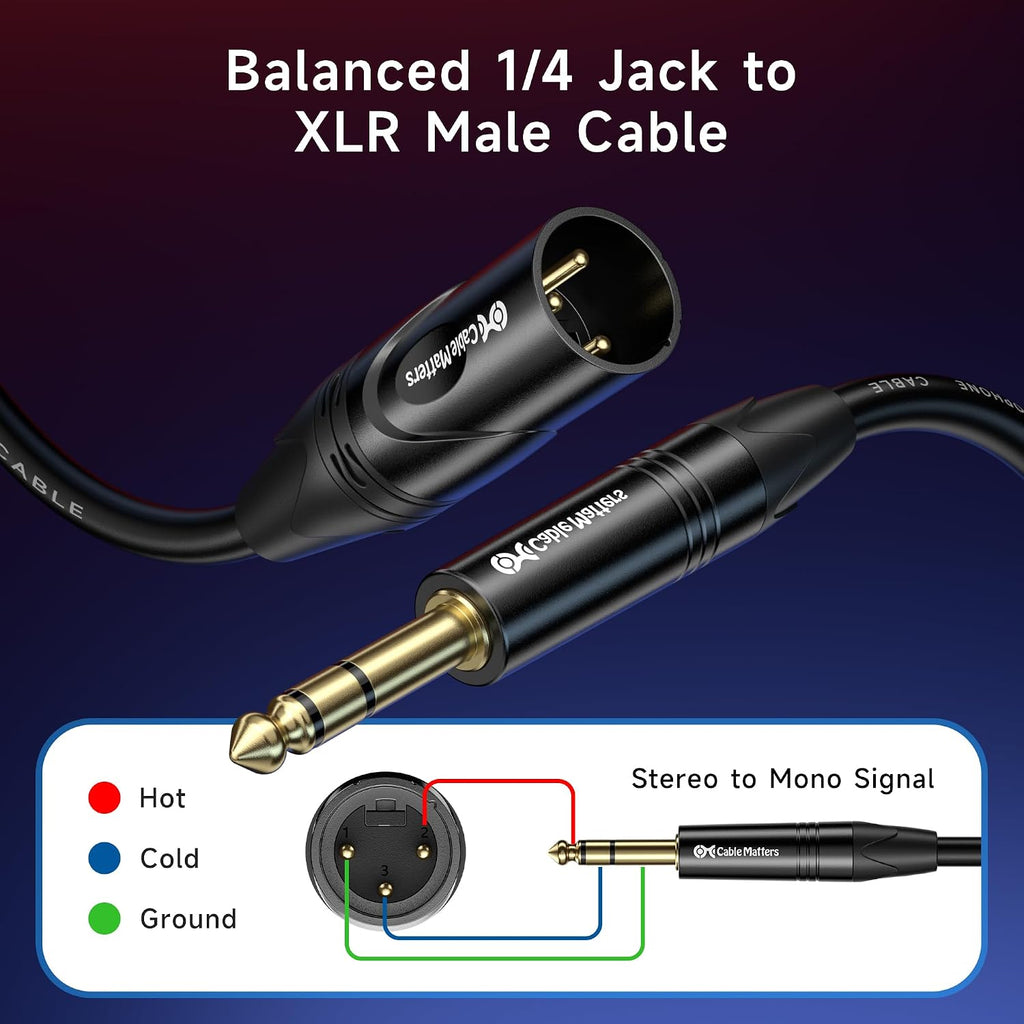 6.35mm 1/4 Inch TRS to XLR Cable, Male to Male, 25ft | XLR to TRS Cable, M-M, Black, Not for Microphone Use