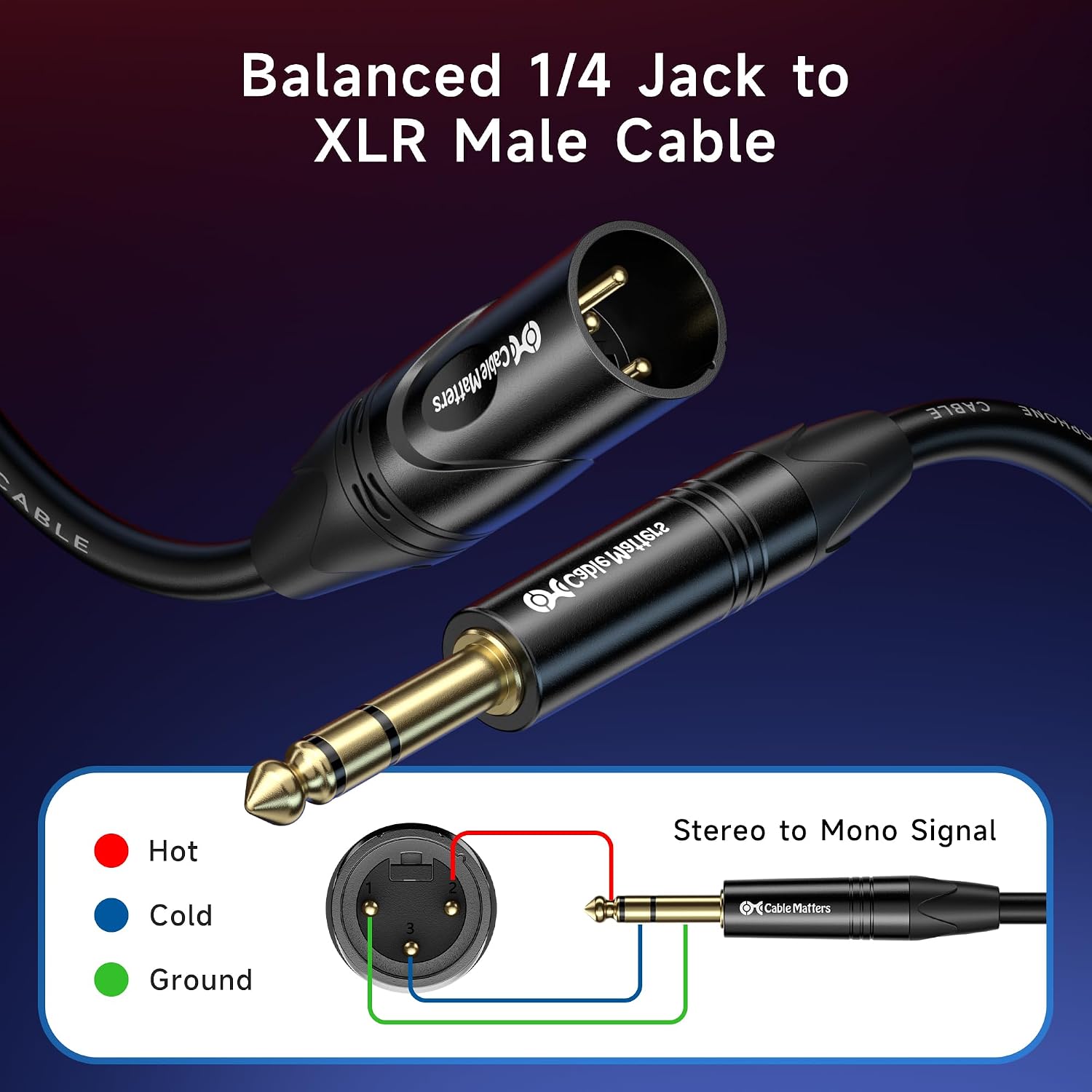 6.35mm 1/4 Inch TRS to XLR Cable, Male to Male, 25ft | XLR to TRS Cable, M-M, Black, Not for Microphone Use