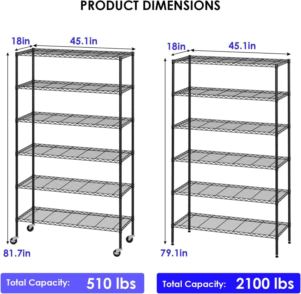 6-Tier Wire Storage Shelves with Wheels | 45"x18"x82" | Black | Adjustable Racks | Heavy-Duty Metal Shelf, Holds Upto