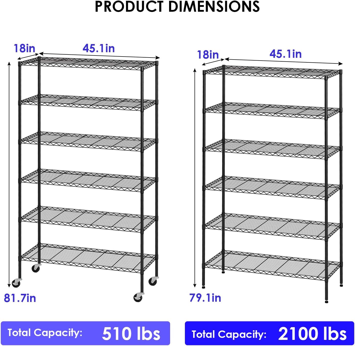 6-Tier Wire Storage Shelves with Wheels | 45"x18"x82" | Black | Adjustable Racks | Heavy-Duty Metal Shelf, Holds Upto