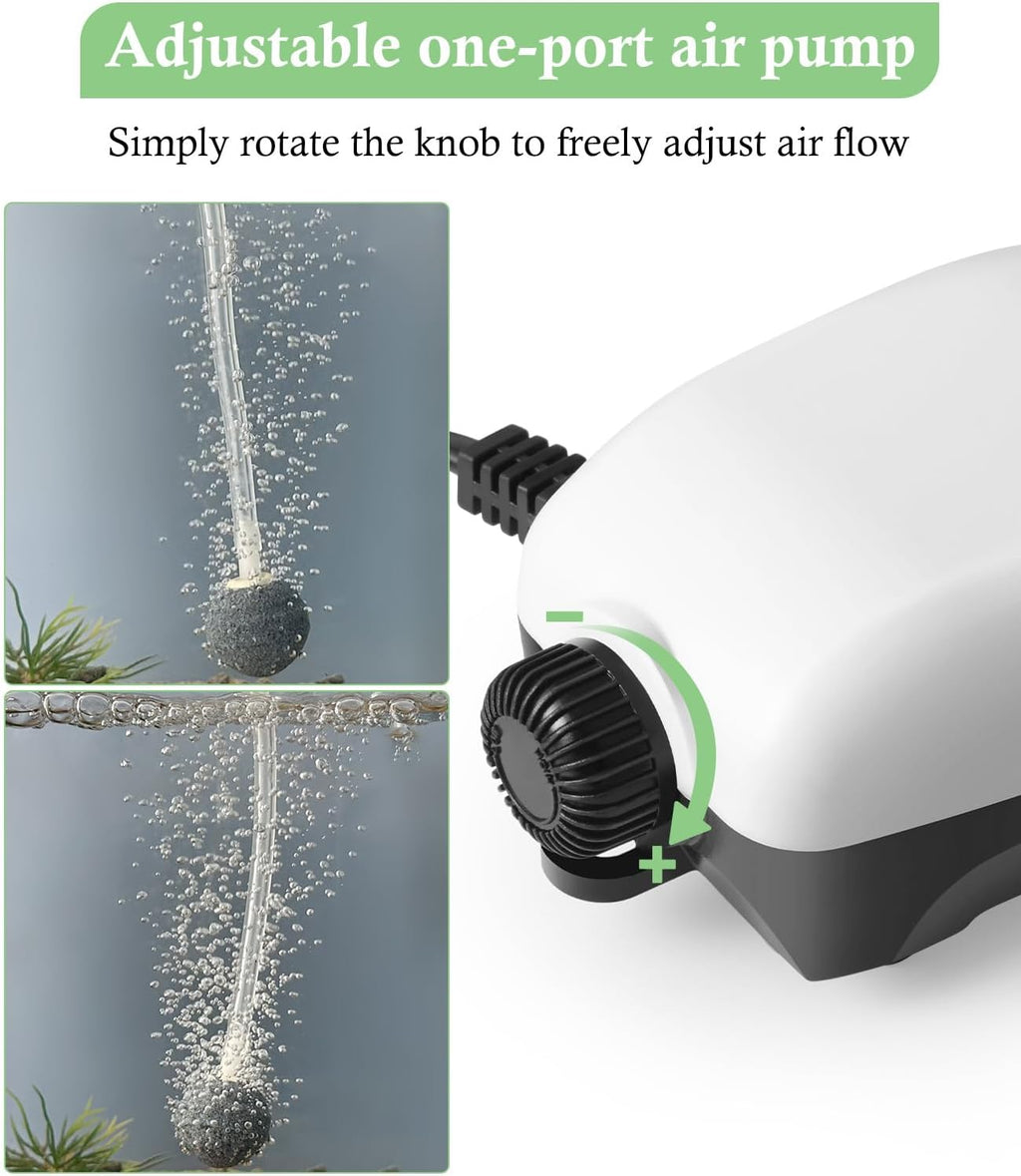 Upgraded 2W Adjustable Single Outlet Aquarium Air Pump, 44GPH Mini Quiet Fish Tank Aerator with Accessories, Oxygen