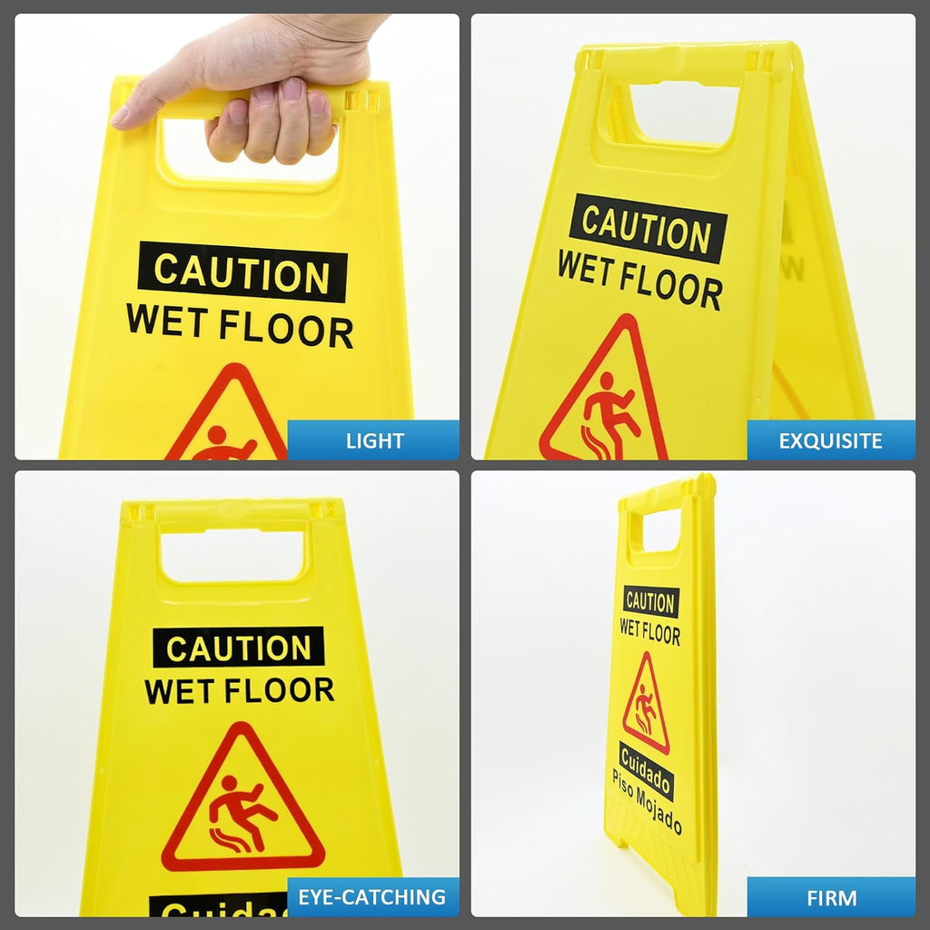 4-Pack Caution Wet Floor Sign, 17.5" Height, Bright Yellow, Double-Sided A-Shaped Frame Design, Bilingual Caution