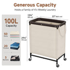 2 Section Laundry Hamper, 100L Beige Sorter Cart with Wheels