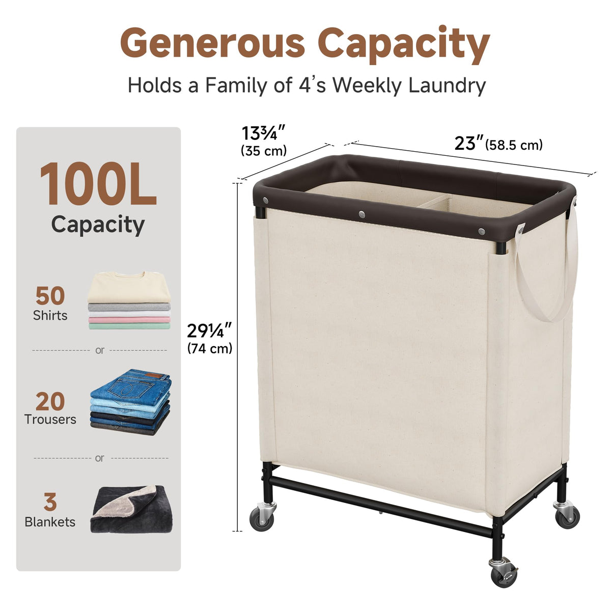 2 Section Laundry Hamper, 100L Beige Sorter Cart with Wheels