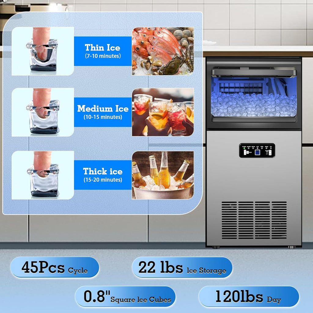 Commercial Ice Maker 120LBS/24H with 22LBS Storage Capacity 45 Cubes