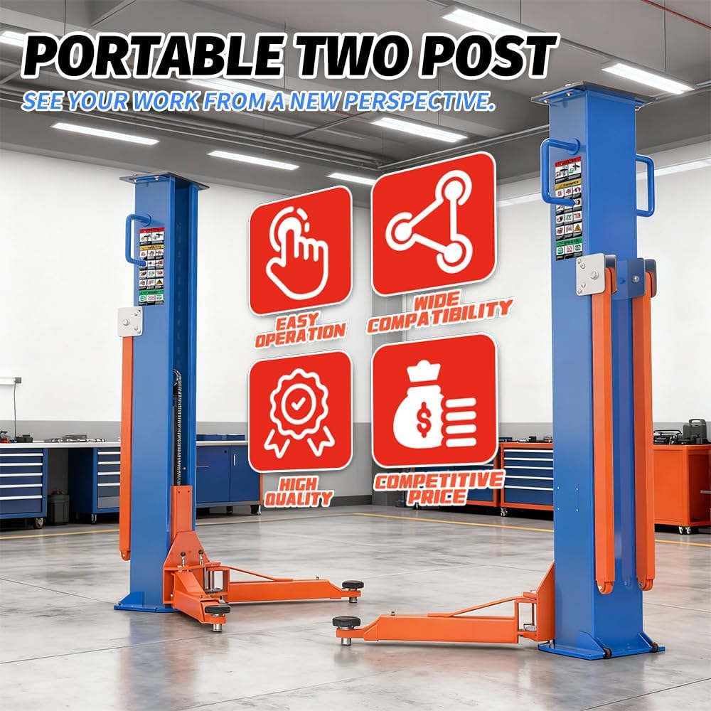2 Post Car Lift 8000 lbs - Portable Auto Lift & Hydraulic Vehicle Hoist for Home Garage - Mid Rise Design, 220V Motor