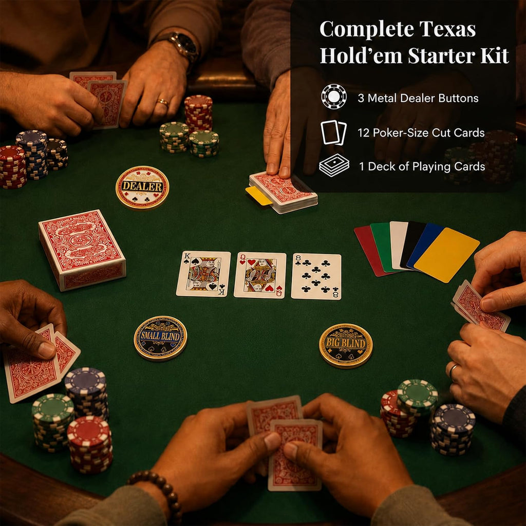 Poker Dealer Kit — Metal Dealer Button Set with 12-Pack Poker Cut Cards & Playing Cards for Texas Hold'em, Blackjack