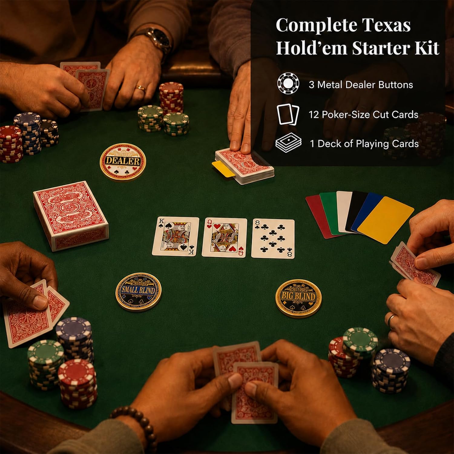 Poker Dealer Kit — Metal Dealer Button Set with 12-Pack Poker Cut Cards & Playing Cards for Texas Hold'em, Blackjack