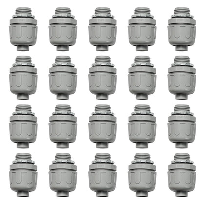 Conduit Connectors, 1/2 Inch, Straight, Grey, 20-Pack | Liquid Tight Connector, NPT, Non-Metallic