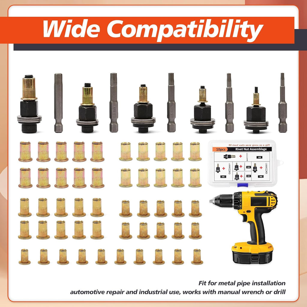 60Pcs Upgrade Carbon Steel Rivet Nut Tool Set M3 M4 M5 M6 M8