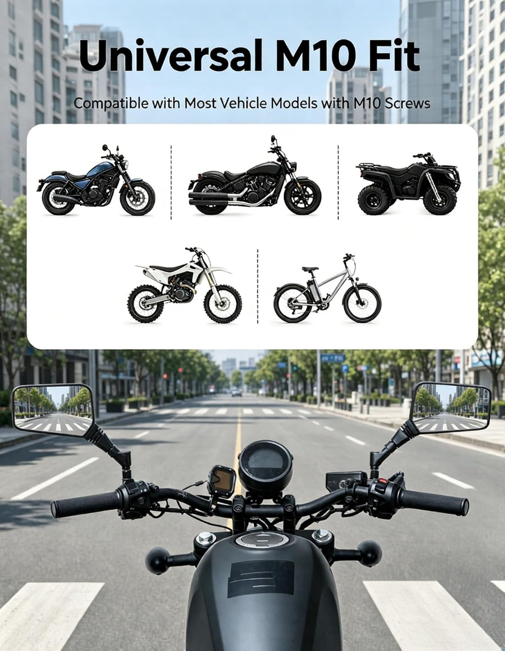 Universal Motorcycle Mirrors, 5.6×3.6 in Wide Convex Rearview Mirror with Anti-Vibration M10 Mount, 360° Rotatable