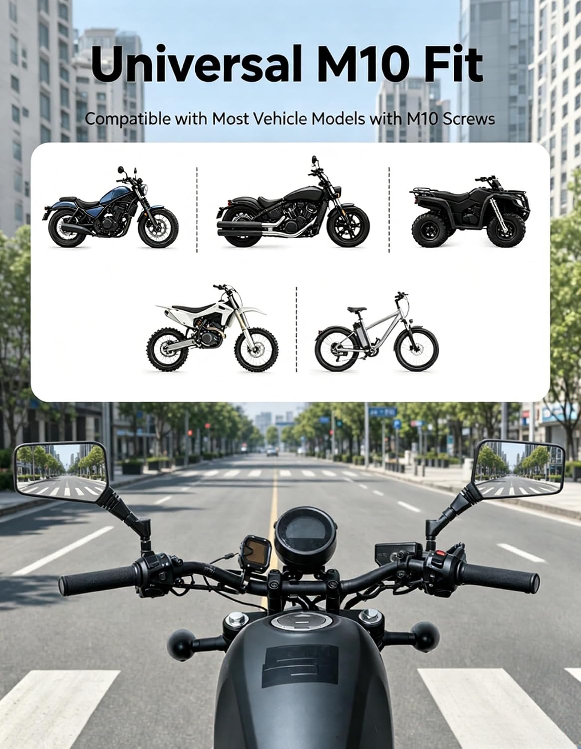 Universal Motorcycle Mirrors, 5.6×3.6 in Wide Convex Rearview Mirror with Anti-Vibration M10 Mount, 360° Rotatable