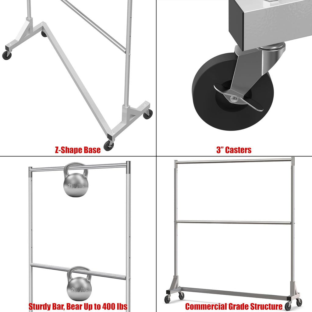 Commercial Grade Z-Base Double Rod Garment Rack, Silver | 600Lb Load with 63" Extra Long Bar, Adjustable Middle Bar