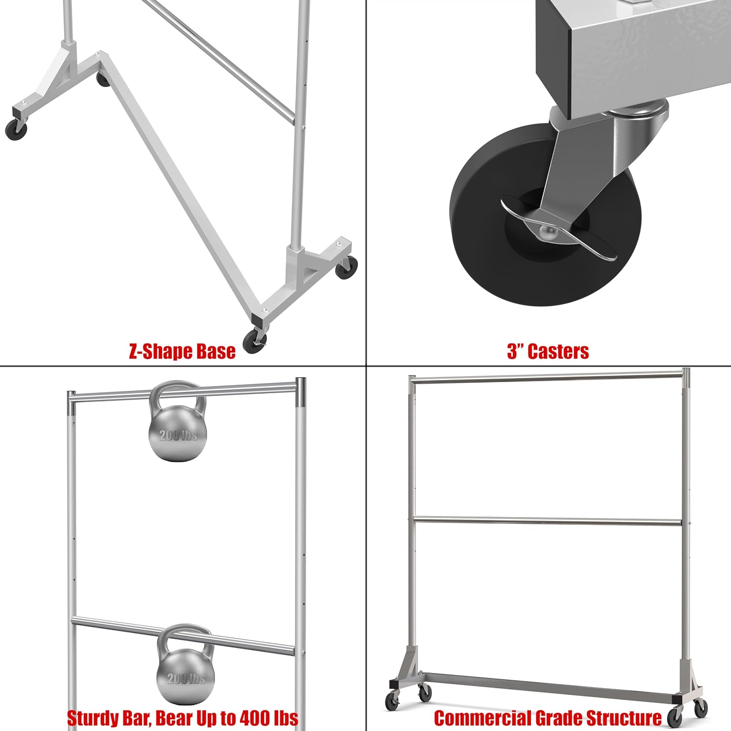 Commercial Grade Z-Base Double Rod Garment Rack, Silver | 600Lb Load with 63" Extra Long Bar, Adjustable Middle Bar