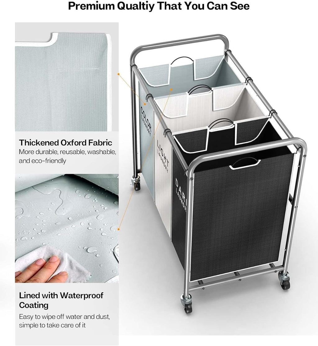 Laundry Sorter Hamper 3 Section, Divided Laundry Basket Organizer | Rolling Clothes Hamper with Heavy Duty Lockable